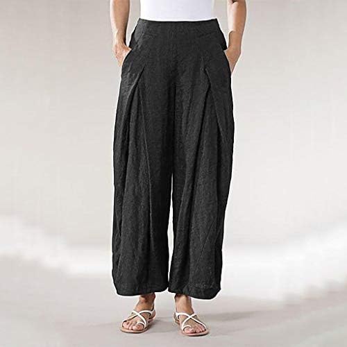 מכנסיים בשלום פלוס גודל לנשים מכנסי רגל רחבים רופפים בצבע אחיד מכנסיים קפלים עם מותניים אלסטיים עם כיסים