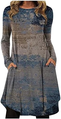 נשים של רטרו אופנה מזדמן מודפס עגול צוואר סוודר רופף ארוך שרוול שמלה
