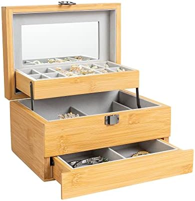 יואאיו קופסת תכשיטים במבוק טבעי עם מראה 3 שכבות מארגן תכשיטים עם קופסת אחסון תכשיטים לנעילה למתנת נשים