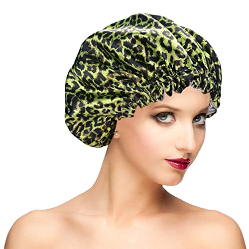 כובע מקלחת מתכוונן דגי, כובעי מקלחת גדולים לשימוש חוזר לנשים שיער ארוך, שכבה כפולה כובע שיער אטום למים,