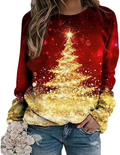 GATXVG 2022 נשים חג מולד שמח סווטשירט טיפה כתף שרוול ארוך עץ חג המולד עליון הדפס סוודר חולצה קלה