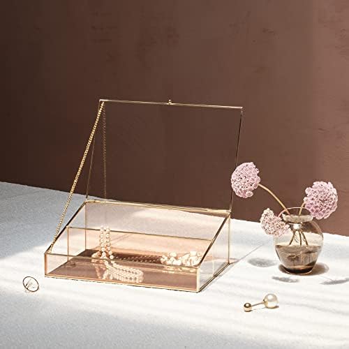 קופסת אחסון Fondazza, פליז זהב עם זכוכית ענבר, בסיס מראה, אחסון לקוסמטיקה, תכשיטים, בושם