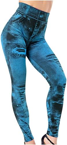 מכנסיים מזדמנים של נשים חיקוי ג'ינס חותלות אלסטיות מותניים גבוהות טייץ 'מותניים רזים מכנסיים מכנסיים
