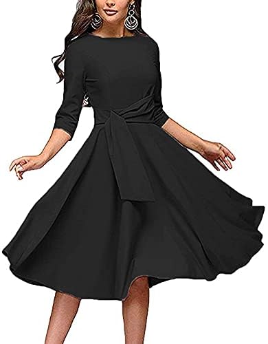 משובץ עגול צוואר נשים של מקסי שחור שמלת שמלות אונליין נדנדה שרוול 3/4 מידי נשים של שמלת אישה פורמליות