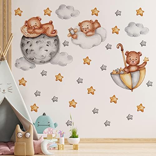 טדי דוב קיר מדבקות, ירח וכוכבים קיר מדבקות לילדים תינוק חדר תפאורה, משתלת חדר טדי דוב קישוט