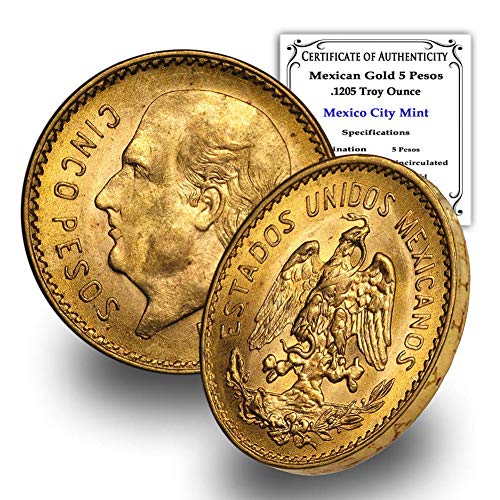 1905-1955 מקסיקני 1/2 Hidalgo זהב 5 פזו מטבע מבריק ללא מעגל עם תעודת אותנטיות - Moneda de Oro Puro 5