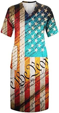 שמלות Midi של HCJKDU לנשים נ 'צוואר שרוול קצר שמלת דגל אמריקאית עם כיסים שמלה פטריוטית יום עצמאות מזדמן