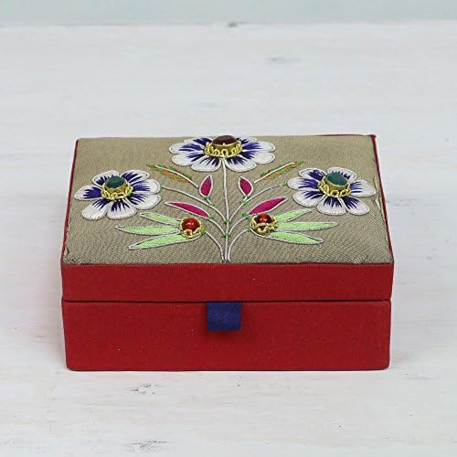 קופסת תכשיטים כותנה פרחונית של נוביקה, חום ואדום, פרחים אצילים '