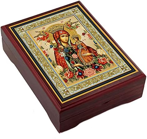 קופסת המחרוזת של DeTezo מדונה אייקון קופסת הבתולה מרי מוכתרת על קופסה לתכשיט חרוזי תפילה הכתר מדונה