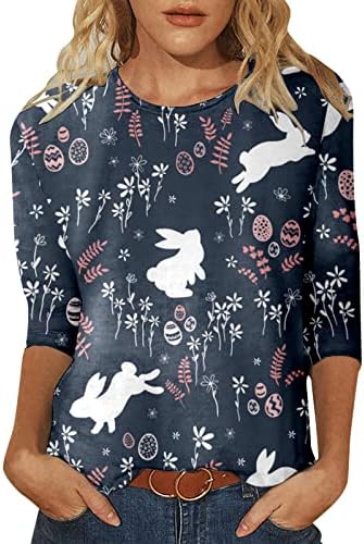 חולצות פסחא של CGGMVCG לנשים 3/4 שרוול ארנב הדפס ביצת ביצה קז'ואנט צווארון שלוש רבע שרוול יום חג הפסחא
