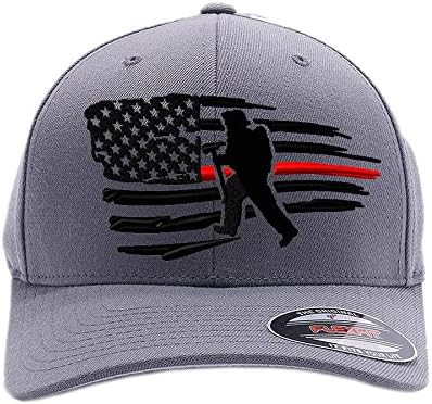מחלקת כיבוי אדומה דקה מנופפת בכובע דגל אמריקאי, גרזן דגל כבאי רקום. 6477-6277 כובע Flexfit