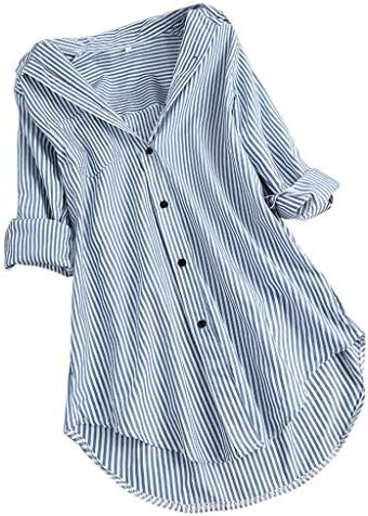 חולצות טוניקת פסים לנשים בתוספת גודל צווארון שרוול ארוך חולצת כפתור נמוכה גבוהה ללבוש לעבודה חולצות